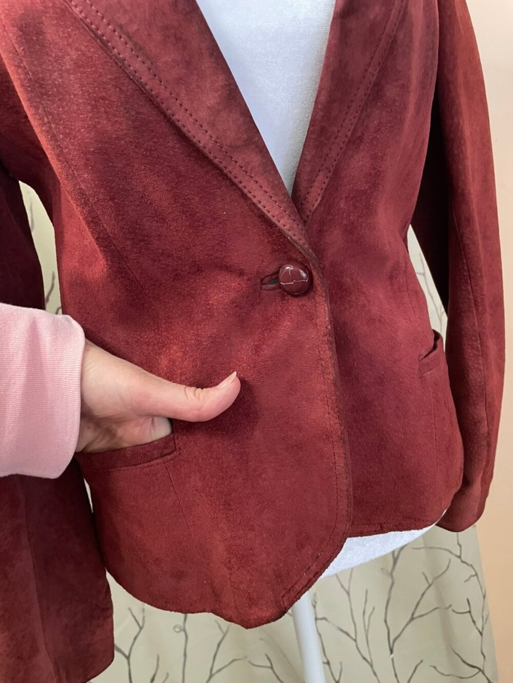 Dark Red Real Suede Leather Blazer Jacket - Picture 7 of 14